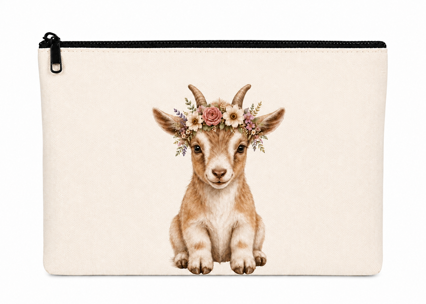 Pouch with a design of a baby goat wearing a floral crown on a beige background