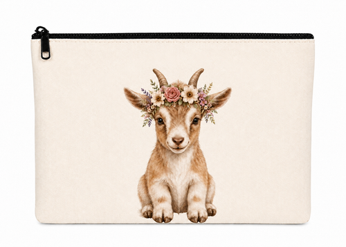 Pouch with a design of a baby goat wearing a floral crown on a beige background