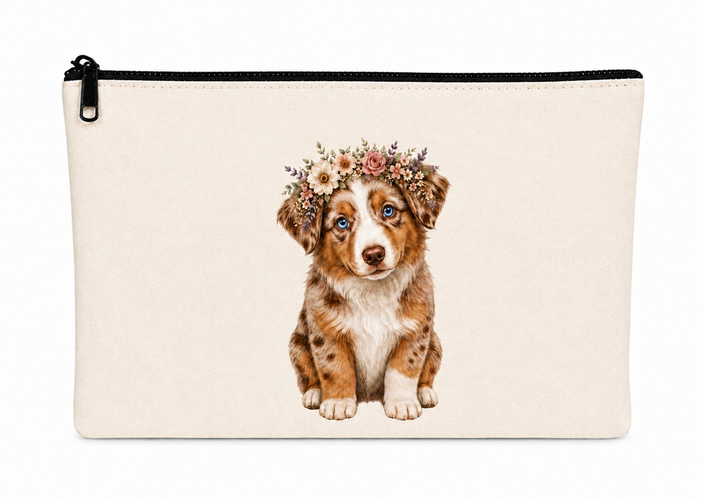 Pouch with a design of australian shepherd wearing a flower crown on a white background