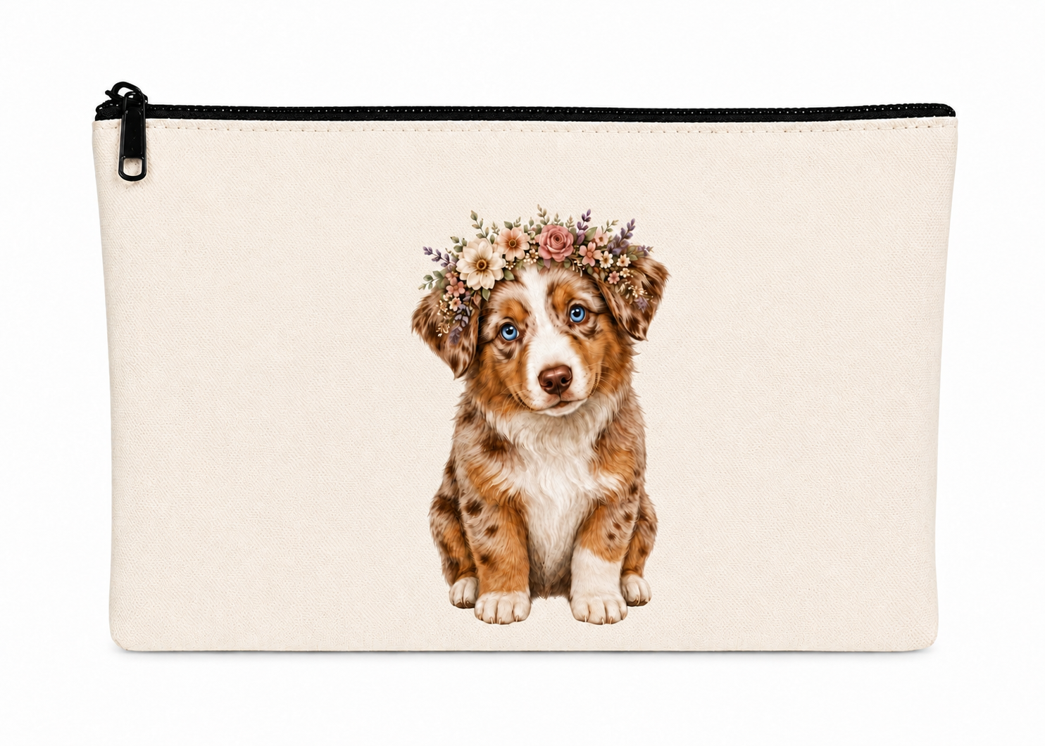 Pouch with a design of australian shepherd wearing a flower crown on a white background