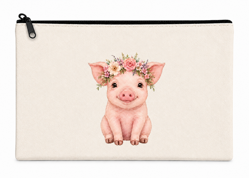 Pouch with a cute pig illustration wearing a floral crown on a white background