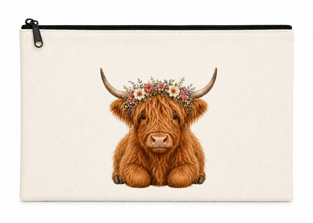 Pouch with a highland cow illustration and floral crown, featuring text on a white background.