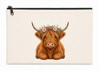Pouch with a highland cow illustration and floral crown, featuring text on a white background.